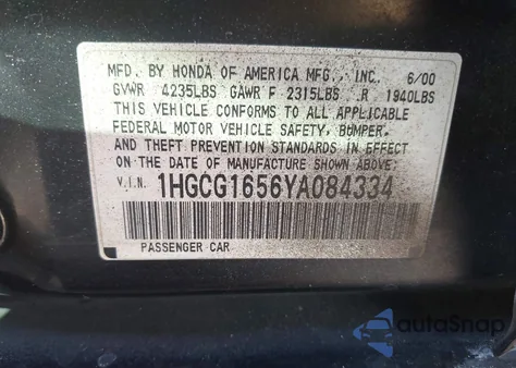 2000 Honda Accord 3.0 Ex from USA, damaged, VIN 1HGCG1656YA084334